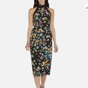 ADRIANNA PAPELL floral print black‎ boarder tie neck dress slits, plus size 16W